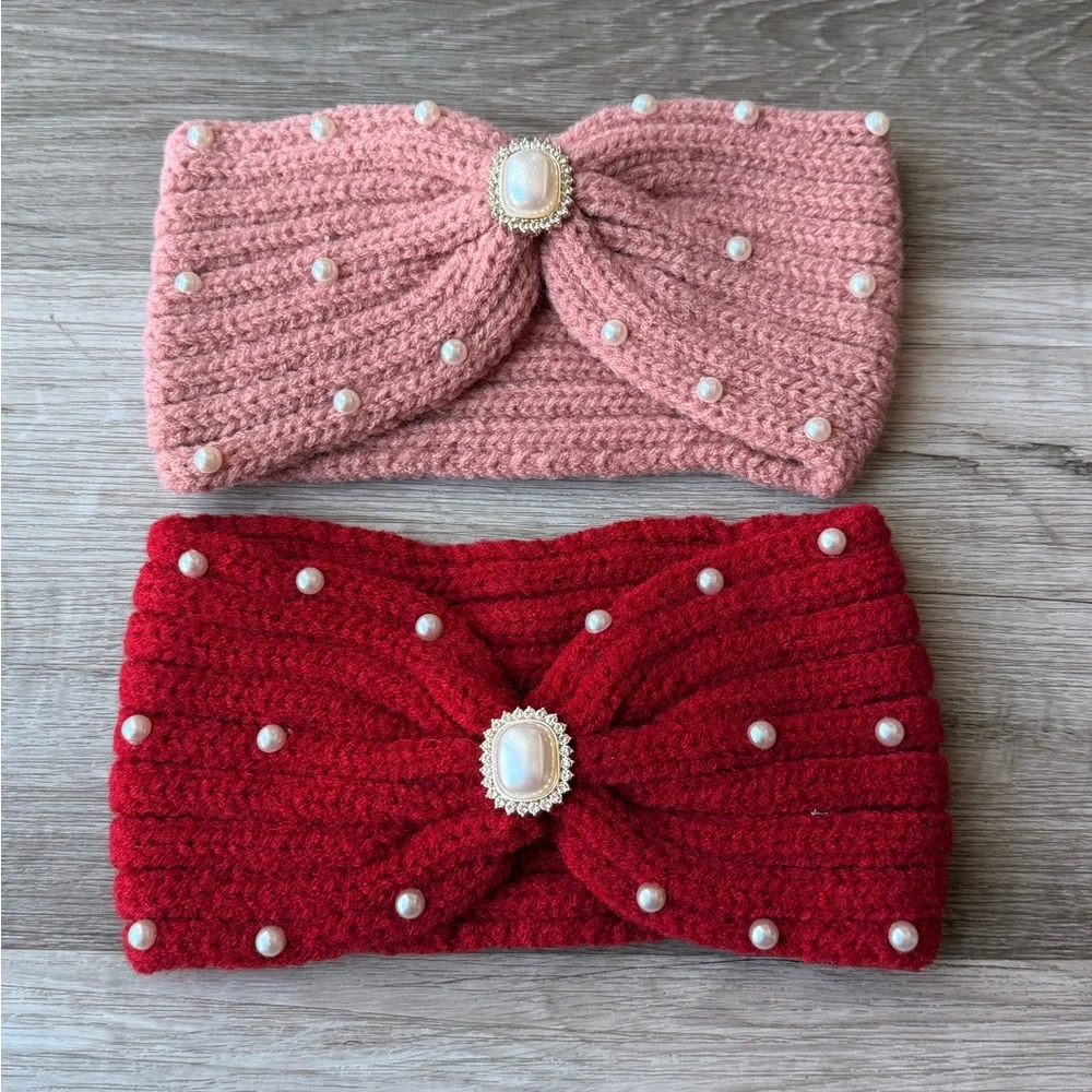 Red and Pink Knitted Headbands with Pearl Accents (2Pcs)‎